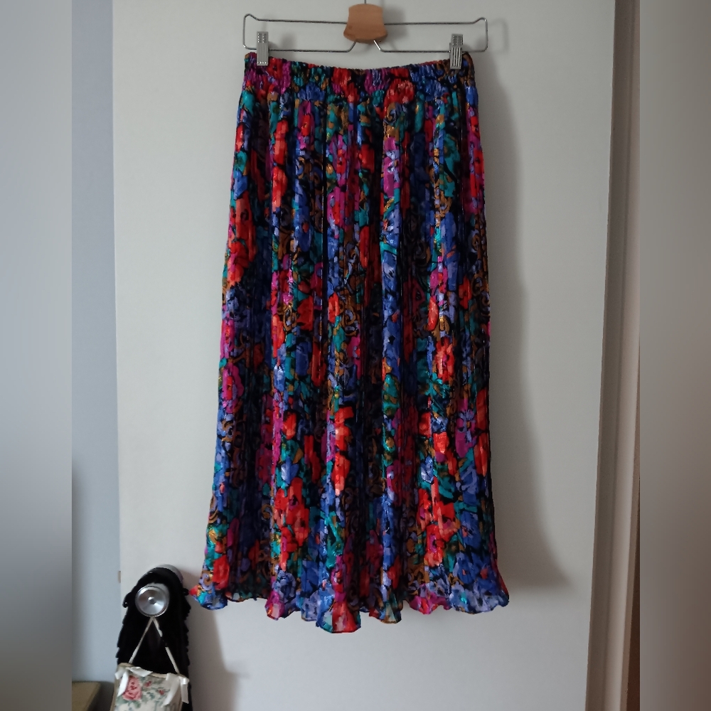 Vintage DIANE FREIS Multicolor Floral 80s Pull On Pleated Skirt L